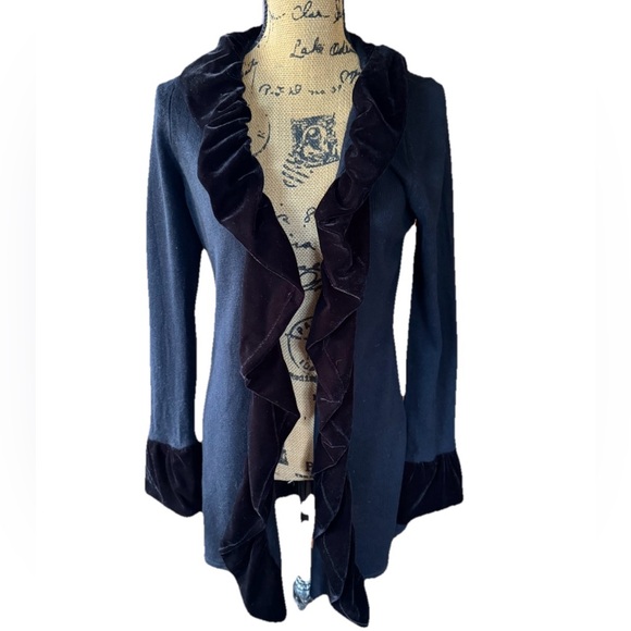 Silk Angora Blend Black Cardigan Sweater Women Med Velvet Ruffle Trim Whimsygoth - Picture 3 of 11